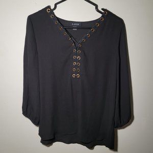 A. Byer Sheer 3/4 Sleeve Black Blouse